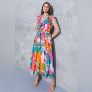 Flying Tomato Floral Ruffle Maxi Dress - Teal, Pink & Orange